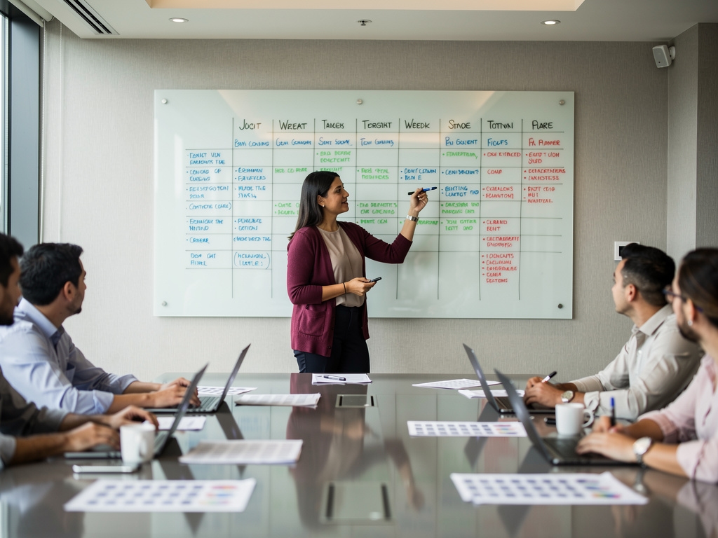 Taller de estrategia de contenido con notas y esquemas en pizarra